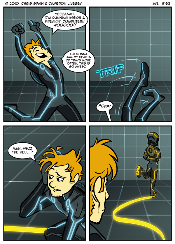 Thought process whilst drawing this strip - Panel 1: Tron Soundtrack. Panel 2: Tron Soundtrack. Panel 3: Tron Soundtrack. Panel 4: "Nothin' at all! Nothin' at all! NOTHIN' AT ALL!"